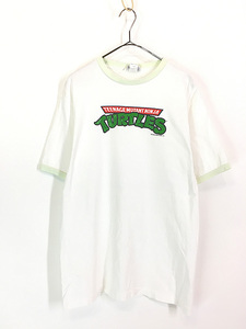 古着 00s USA製 Mutant Ninja Turtles タートルズ エナメル プリント リンガー Tシャツ L 古着