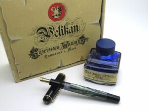 1000円スタート 万年筆 PELIKAN ペリカン ペン先12C 500 HEF刻印 マーブルグリーン×ブラック 付属品付 文房具 筆記用具 4 D60036