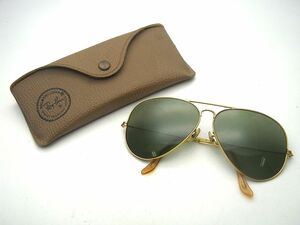 1000円スタート サングラス Ray-Ban レイバン R&B グリーン系レンズ ゴールド アビエーター型 ケース付 メンズ アイウェア 4 F①952