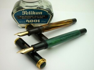 1000円スタート 万年筆2点 PELIKAN ペリカン ペン先14C-585 M刻印有 緑縞 グリーンストライプ/ブラウンマーブル インク瓶付 文房具 □A701