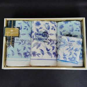 タオルセット 花柄ブルー系　 フェイスタオル３枚＋プチタオル　マリオマルコーニ