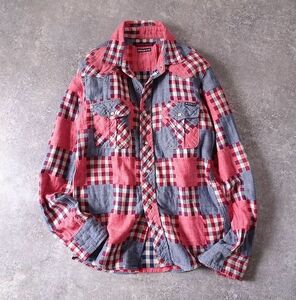 BLUE BLUE Hollywood Ranch Market INDIGO DYE cotton × flax check shirt made in Japan switch car n blur - men's (1) *r-010