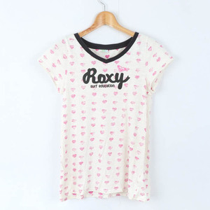 ロキシー 半袖Ｔシャツ トップス ロゴT ハート柄 スポーツウエア レディース Mサイズ ベージュ×黒×ピンク ROXY