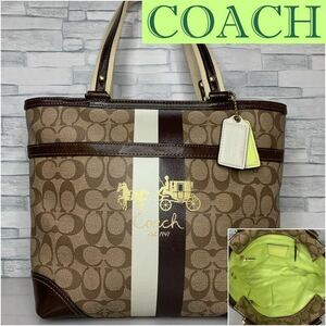 COACH　コーチ　トートバッグ　シグネチャー　ブラウン　ライトグリーン　PVC