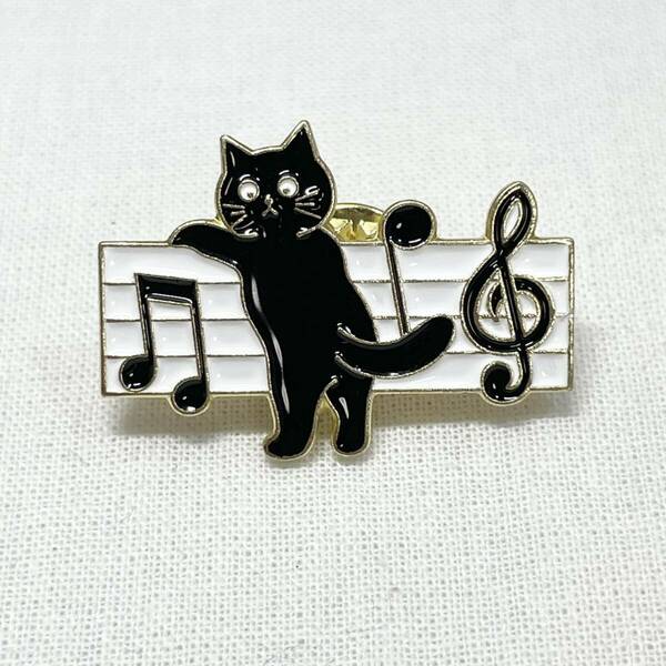 【ピンバッジ】ミャオジック MEOWSIC 黒猫 楽譜 音符 にゃんこ 音楽 振り向き