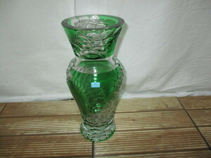 HOYA CRYSTAL Hoya crystal * зеленый порез . стекло ваза довольно большой интерьер украшение Showa Retro прекрасный товар 