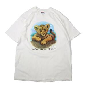 [XL] 1wash 90s Hanes ライオン プリント Tシャツ 白 95' Born to be wild 動物 アニマル ネコ グラフィック ビンテージ vintage 80s