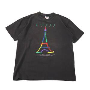 [XL] 90s Juan Castillo Eiffel Tower プリント Tシャツ フェード ブラック ONEITA エッフェル塔 アート ビンテージ vintage 