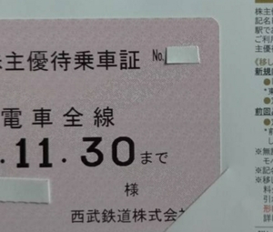 西武ホールディングス　西武株主優待　西武鉄道　株主優待乗車証(電車全線パス)１枚　有効期限2024年11月30日　数量2