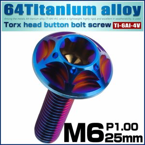 チタンボルト M6×25mm P1.0 ボタンボルト スノーヘッド ホール デザインボルト トルクス穴 焼きチタン JA1386