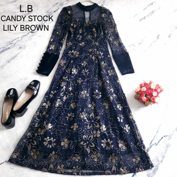 L.B CANDY STOCK LILY BROWN リリーブラウン ビーズ花柄 レースワンピース M相当 極美品