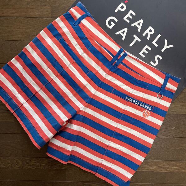 送料無料PEARLY GATESパーリーゲイツ希少PGボーダーショートパンツカルゼPOWERFUL STRETCH形状安定抗菌Pocket tricolor(大特価2)1try中古品