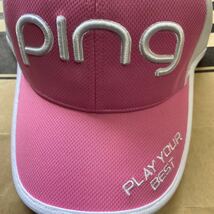 送料無料PING GOLFピンゴルフWOMENS丸文字ロゴスキームキャップ速乾通気性MESH汗止めライナー耳くり型アジャスター調節Pink White新品_画像2