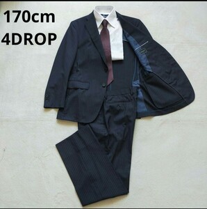 美品　伊製REDA生地　上位モデル　スーツカンパニー　170cm4DROP　SUIT COMPANY　　スーツ　セットアップ　ネイビー　ストライプ柄　本切羽