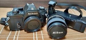 ジャンク Nikon EM フィルムカメラ レンズE-100 モータードライブMD-14 ストラップ付 ニコン 日本製
