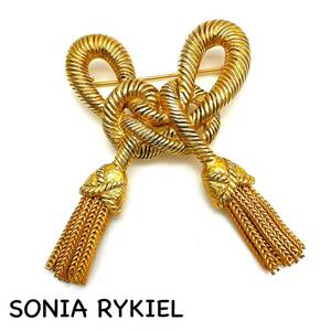 SONIA RYKIEL｜ソニアリキエル ブローチ【アクティ】ロープ リボン タッセル 大ぶり ゴールドカラー ヴィンテージ ブランド a546et