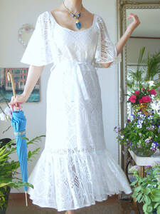 MAISON PERE*12 десять тысяч 8700 иен Франция Kiyoshi .. египетский гонки платье * длинный One-piece * mezzo n бледный * белый белый *40SML. через ( Iena Drawer )
