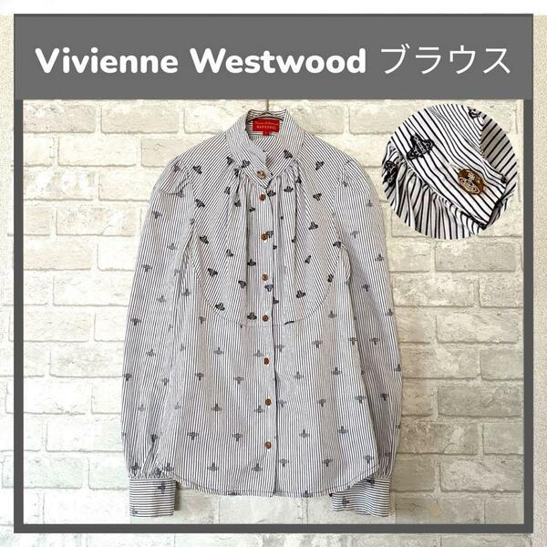 極美品/Vivienne Westwood/ヴィヴィアンウエストウッド/立ち襟/オーブ刺繍/コットン/長袖ブラウス/グレーストライプ/Sサイズ