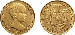 スペイン　20ペセタ金貨　1890年　美品　アルフォンソ13世