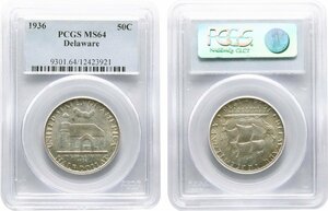 アメリカ　50セント銀貨　1936年　未使用品　DELAWARE　PCGS(MS64)