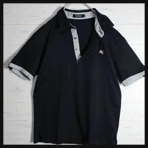 1円〜 バーバリーブラックレーベル ポロシャツ ピンクホース刺繍 襟内・前立て・袖口ストライプ柄 日本製 サイズ 2(M) ホースロゴ 