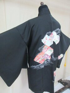 1円 良品 正絹 羽織 和装コート 縮緬 黒 紋なし 刺繍 冊子 本 花柄 松 牡丹 高級 袷 身丈75cm 裄64cm【夢職】★★★