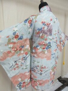 1円 良品 正絹 羽織 和装コート 縮緬 雲 花柄 四季花 高級 おしゃれ 袷 身丈76cm 裄63cm【夢職】★★★