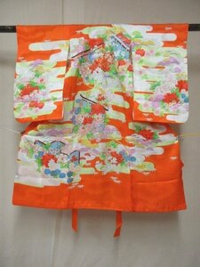 1円 中古 化繊 女児 子供着物 七五三 和装 和服 産着 ヱ霞 花柄 四季花 おしゃれ 高級 袷 身丈100cm 身巾47cm【夢職】★★★