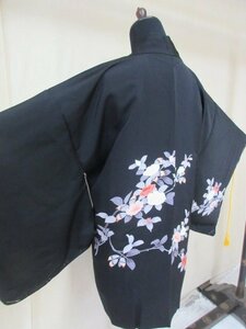 1円 良品 正絹 羽織 和装コート 和服 縮緬 黒 紋なし 枝葉 椿 枝花 高級 袷 身丈74cm 裄63cm【夢職】★★★