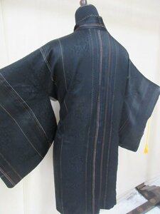 1円 良品 正絹 羽織 和装コート 和服 縮緬 黒 アンティーク 紗綾形 縞 花柄 高級 袷 身丈75cm 裄63cm【夢職】★★★