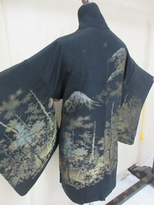 1円 良品 正絹 羽織 和装コート 和服 縮緬 黒 アンティーク 一つ紋 森林 立木 連山 風景 高級 袷 身丈76cm 裄65cm【夢職】★★★