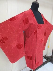 1円 良品 化繊 道行着 和装ロングコート 和服 赤 ビロード 草花 植物 菊 コスモス 高級 袷 身丈83cm 裄64cm【夢職】★★★