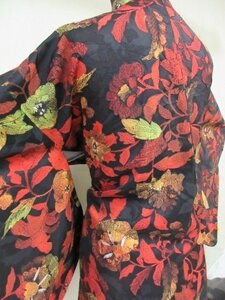 1 jpy superior article silk feather woven Japanese clothes coat .. black olientaru.. flower Tang . stylish high class . length 70cm.65cm[ dream job ]***