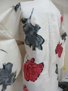 1 jpy used silk feather woven Japanese clothes coat pongee antique Taisho romance .. castle black rose red rose floral print high class . length 78cm.66cm[ dream job ]***