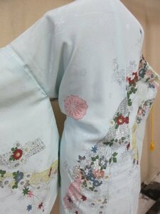 1 jpy superior article .. feather woven Japanese clothes coat Japanese clothes antique light blue bundle .. floral print four season flower high class . length 77cm.64cm[ dream job ]***