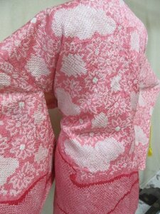 1 jpy superior article silk feather woven Japanese clothes coat .. total aperture stop deer. . pink floral print . stylish high class . length 74cm.65cm[ dream job ]***