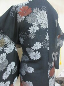 1 jpy superior article silk feather woven Japanese clothes coat Japanese clothes .. black antique . none . floral print high class . length 78cm.65cm[ dream job ]***