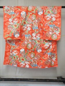 1 иен хорошая вещь .. женщина . ребенок кимоно "Семь, пять, три" японский костюм японская одежда оранжевый цвет цветочный принт цветок черепаха . журавль источник . машина высококлассный . длина 124cm.57cm[ сон работа ]***