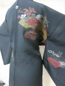 1 jpy superior article silk feather woven Japanese clothes coat .. black . attaching antique Taisho romance ground paper floral print stylish high class . length 80cm.65cm[ dream job ]***