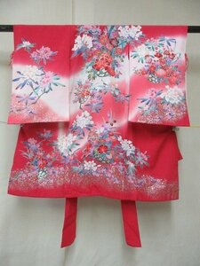 1 иен хорошая вещь натуральный шелк женщина . ребенок кимоно .. "Семь, пять, три" японский костюм японская одежда производство надеты цветок . цветочный принт 4 сезон цветок высококлассный . длина 98cm. ширина 47cm[ сон работа ]***