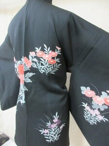 1 иен хорошая вещь натуральный шелк перо тканый японский костюм пальто .. чёрный . нет ветка цветок ... цветок симпатичный модный высококлассный . длина 72cm.64cm[ сон работа ]***