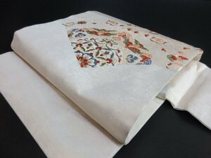 1円 良品 正絹 名古屋帯 引箔 和装 和服 オリエンタル更紗 花唐草 草花 裂取 お太鼓柄 九寸帯 長さ358cm【夢職】★★★