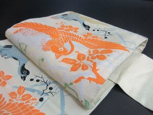 1円 良品 正絹 名古屋帯 紗 夏物 和装 和服 アンティーク 大正ロマン 花喰い鳥 鴛鴦 可愛い 六通柄 九寸帯 長さ340cm【夢職】★★★