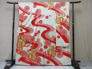1 jpy superior article silk kimono long-sleeved kimono .. type . Japanese clothes Japanese clothes gold piece embroidery . place car .. leaf blow ... floral print high class . length 153cm.65cm * excellent article *[ dream job ]***