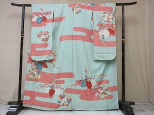 1円 中古 正絹 着物 振袖 縮緬 式典 和装 和服 アンティーク 大正ロマン 花丸 ヱ霞 花柄 高級 袷 身丈157cm 裄63cm【夢職】★★★