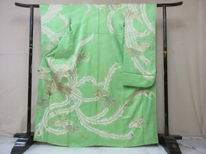 1円 中古 正絹 着物 振袖 縮緬 式典 和装 和服 アンティーク 大正ロマン 黄緑 鳳凰 桐 高級 袷 身丈156cm 裄66cm【夢職】★★★