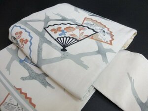 1円 良品 正絹 名古屋帯 和装 アンティーク 縮緬 扇子 網目 古典文様 可愛い 六通柄 九寸帯 長さ321cm【夢職】★★★