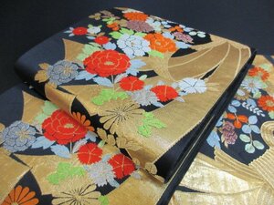 1円 良品 正絹 袋帯 唐織 西陣織 金糸 銀糸 黒 束ね熨斗 牡丹 菊 草花 お洒落 六通柄 長さ404cm ◆逸品◆【夢職】★★★★