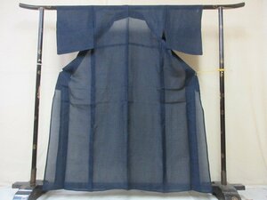 1円 良品 正絹 着物 小紋 紗 夏物 和装 和服 アンティーク 紺 幾何学 抽象 高級 単衣 身丈149cm 裄61cm【夢職】★★★