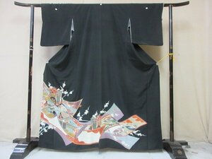 1円 良品 正絹 着物 留袖 縮緬 式典 和装 比翼付 巻物 姫 御所車 平安貴族 高級 袷 身丈152cm 裄67cm【夢職】★★★